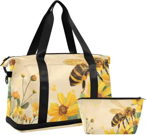Travel Duffel Gym Sports Luggage Bag Expandable Large Capacity Honey Bee Flowers Sports Bag for Women and Men