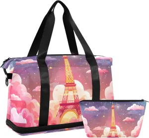 Travel Duffel Gym Sports Luggage Bag Expandable Large Capacity Kawaii Eiffel Tower Sports Bag for Women and Men