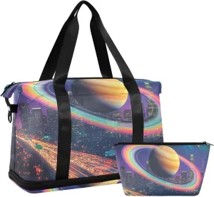 Travel Duffel Gym Sports Luggage Bag Expandable Large Capacity Saturn Retrofuturism City Sports Bag for Women and Men