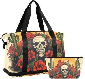 Travel Duffel Gym Sports Luggage Bag Expandable Large Capacity Skull Cactus Sports Bag for Women and Men