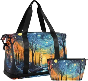 Travel Duffel Gym Sports Luggage Bag Expandable Large Capacity Starry Sky Forest Sports Bag for Women and Men
