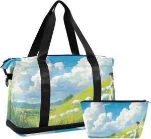 Travel Duffel Gym Sports Luggage Bag Expandable Large Capacity Summer Grassland Cartoon Sports Bag for Women and Men