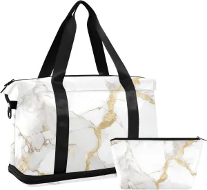 Travel Duffel Gym Sports Luggage Bag Expandable Large Capacity White Gold Marble Sports Bag for Women and Men