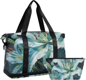 Travel Duffel Gym Sports Luggage Bag Expandable Large Capacity White Lily Flower Sports Bag for Women and Men