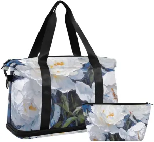 Travel Duffel Gym Sports Luggage Bag Expandable Large Capacity White Peony Oil Painting Sports Bag for Women and Men