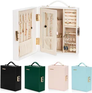 Travel Jewelry Case, Essentials for vacation, Portable Bangle Box with Mirror, PU Leather Small Watch Organizer for Rings, Earrings, Necklaces, Bracelets (White)
