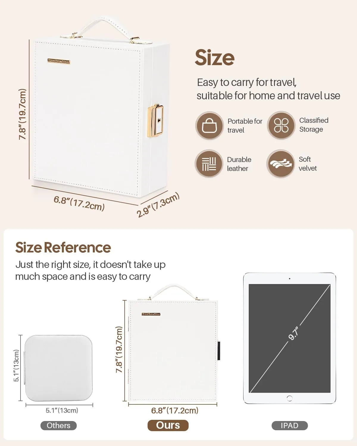 Travel Jewelry Case, Essentials for vacation, Portable Bangle Box with Mirror, PU Leather Small Watch Organizer for Rings, Earrings, Necklaces, Bracelets (White)