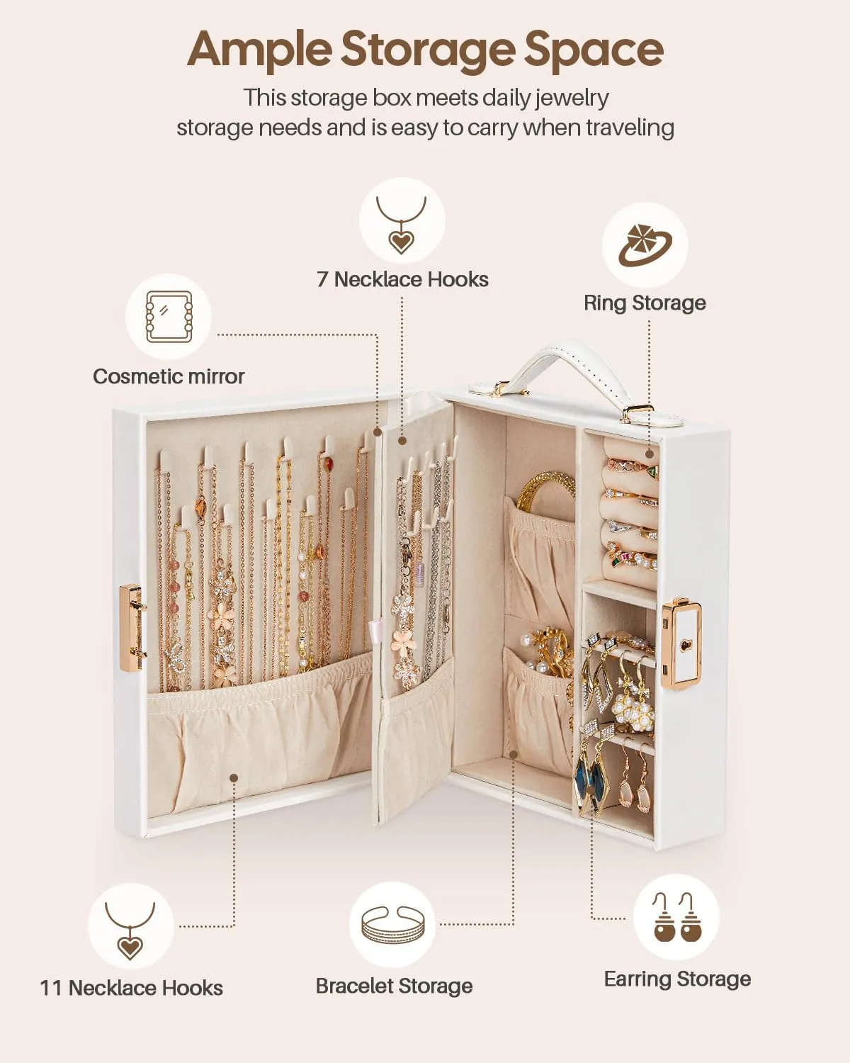 Travel Jewelry Case, Essentials for vacation, Portable Bangle Box with Mirror, PU Leather Small Watch Organizer for Rings, Earrings, Necklaces, Bracelets (White)