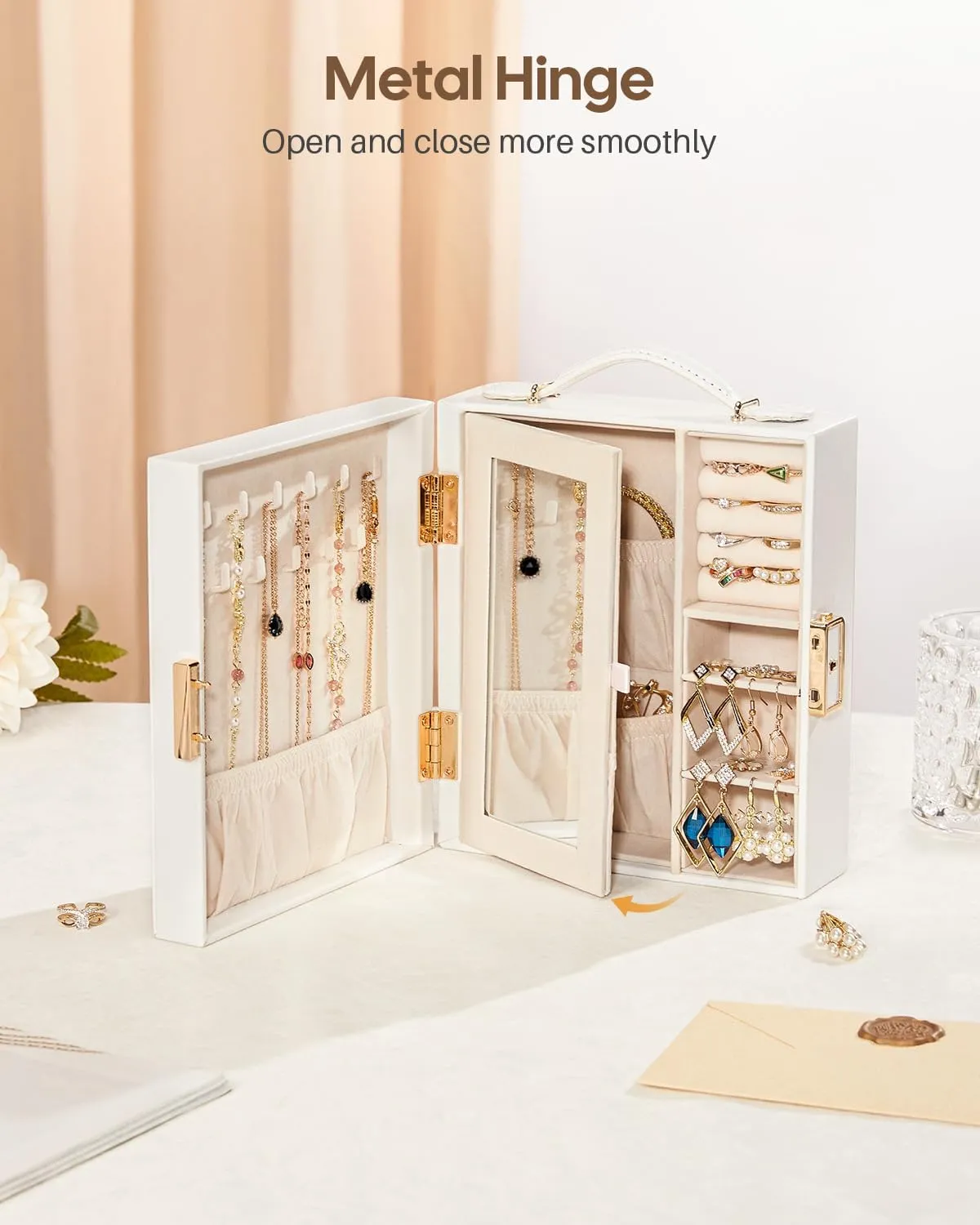Travel Jewelry Case, Essentials for vacation, Portable Bangle Box with Mirror, PU Leather Small Watch Organizer for Rings, Earrings, Necklaces, Bracelets (White)