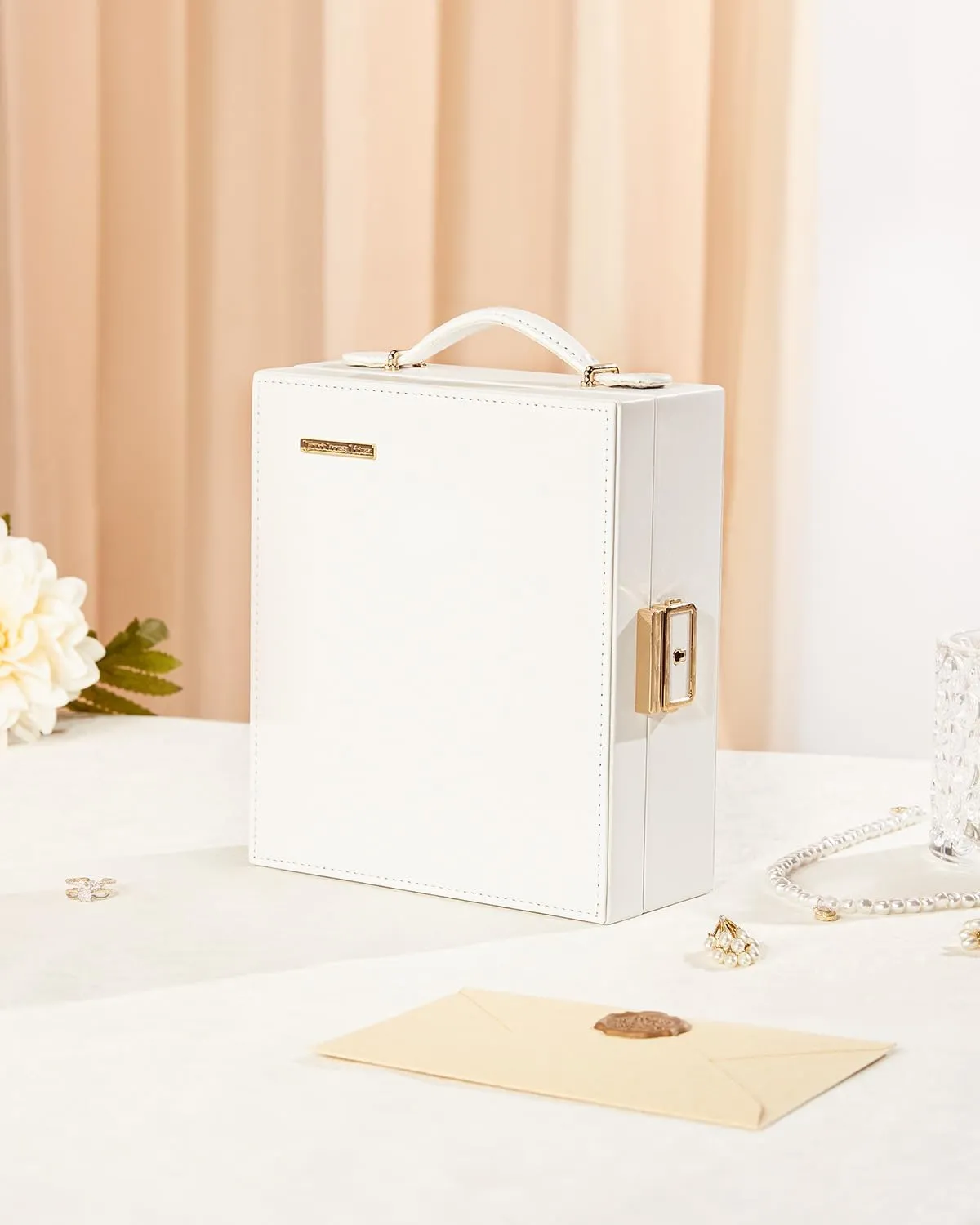 Travel Jewelry Case, Essentials for vacation, Portable Bangle Box with Mirror, PU Leather Small Watch Organizer for Rings, Earrings, Necklaces, Bracelets (White)