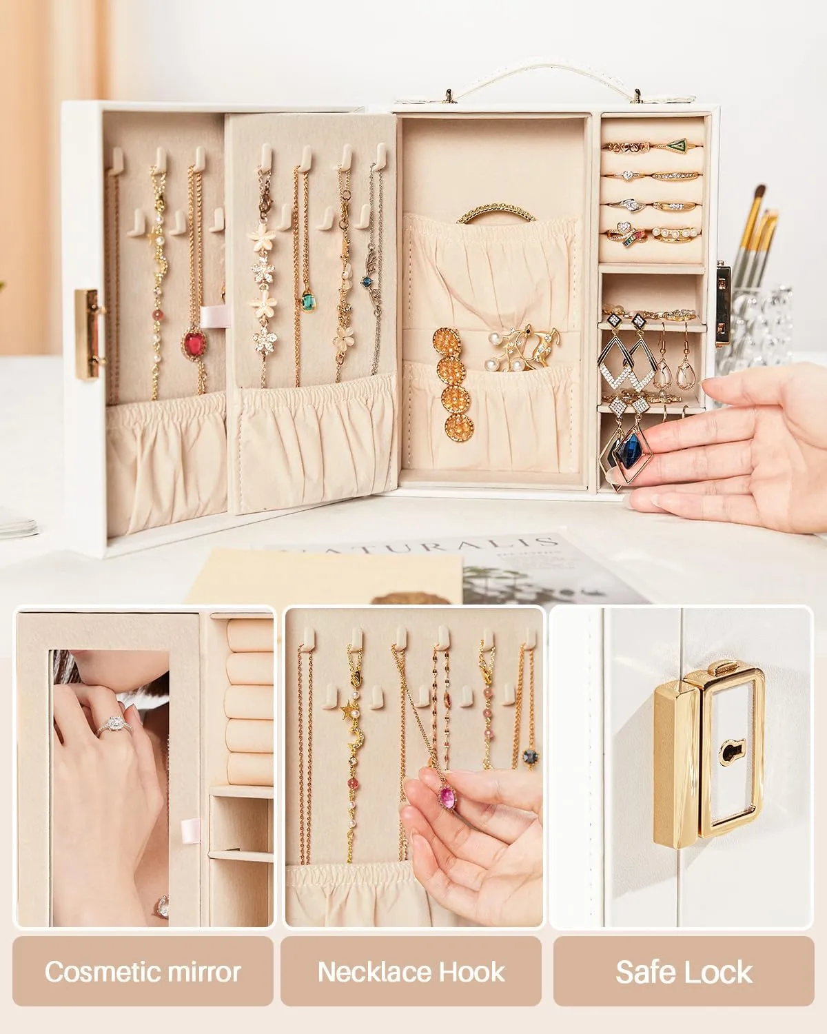 Travel Jewelry Case, Essentials for vacation, Portable Bangle Box with Mirror, PU Leather Small Watch Organizer for Rings, Earrings, Necklaces, Bracelets (White)