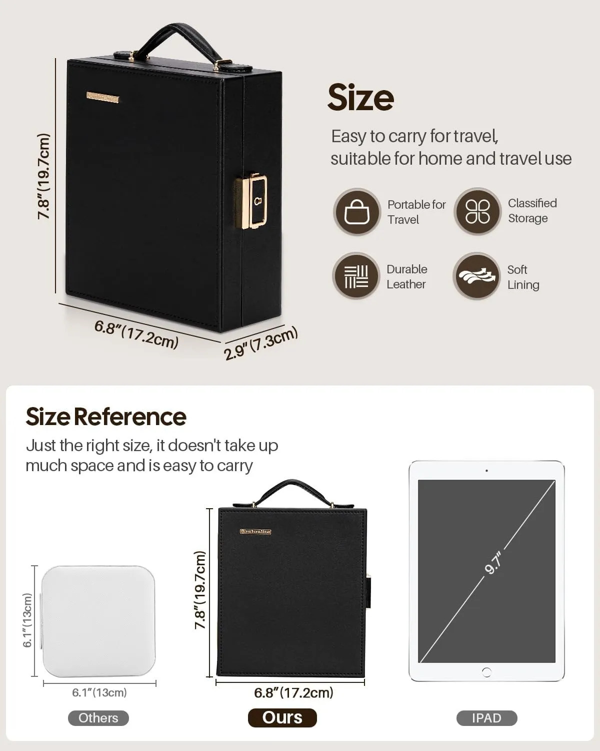 Travel Jewelry Case|Travel essentials for vacation|Portable Jewelry Box with Mirror|PU Leather Small Jewelry Organizer for Rings, Earrings, Necklaces, Bracelets (Black)