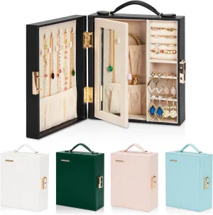 Travel Jewelry Case|Travel essentials for vacation|Portable Jewelry Box with Mirror|PU Leather Small Jewelry Organizer for Rings, Earrings, Necklaces, Bracelets (Black)