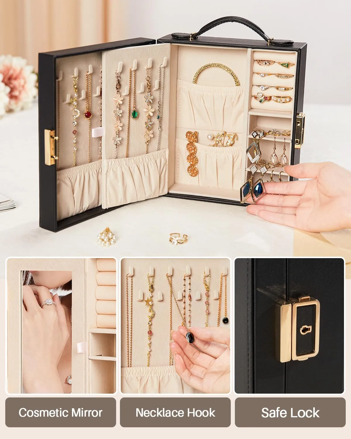 Travel Jewelry Case|Travel essentials for vacation|Portable Jewelry Box with Mirror|PU Leather Small Jewelry Organizer for Rings, Earrings, Necklaces, Bracelets (Black)