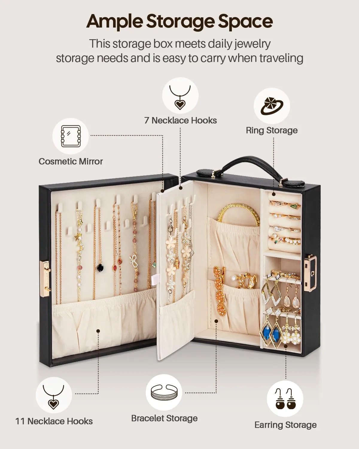 Travel Jewelry Case|Travel essentials for vacation|Portable Jewelry Box with Mirror|PU Leather Small Jewelry Organizer for Rings, Earrings, Necklaces, Bracelets (Black)