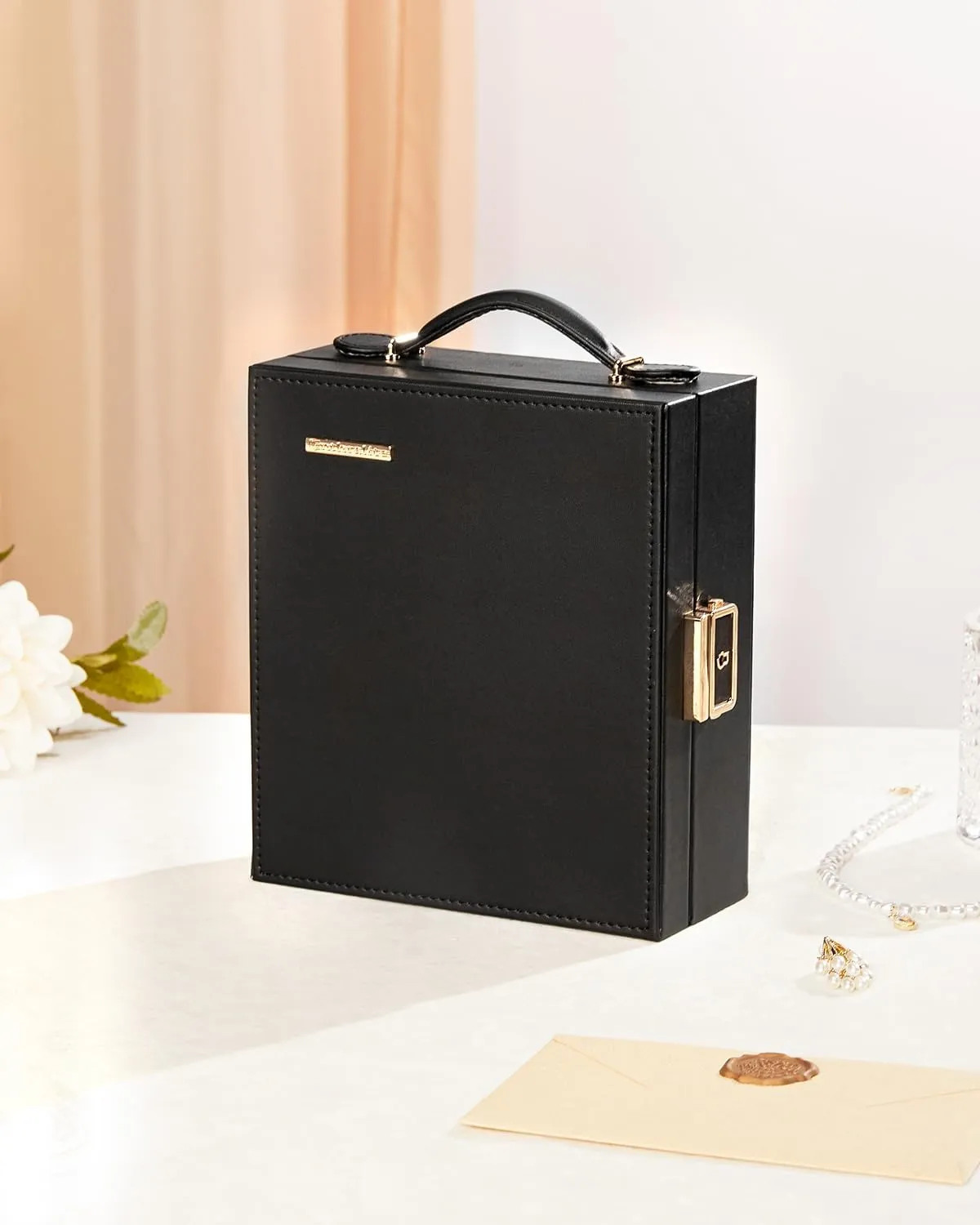 Travel Jewelry Case|Travel essentials for vacation|Portable Jewelry Box with Mirror|PU Leather Small Jewelry Organizer for Rings, Earrings, Necklaces, Bracelets (Black)