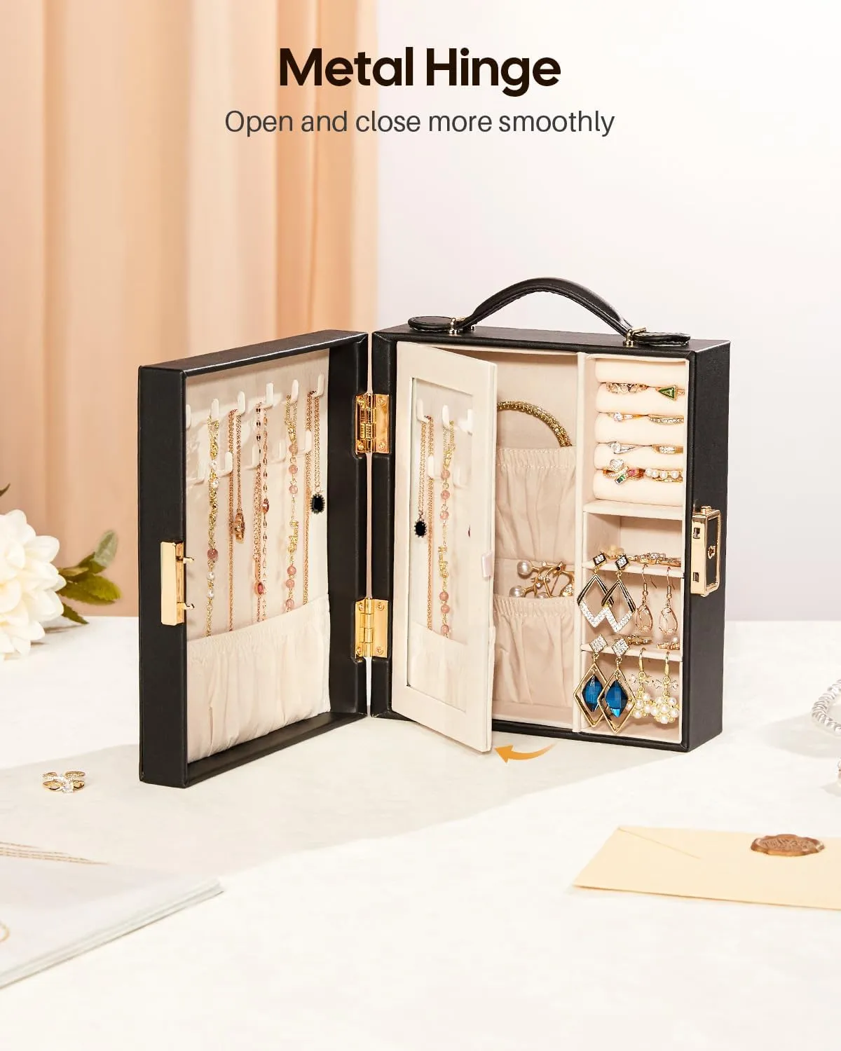 Travel Jewelry Case|Travel essentials for vacation|Portable Jewelry Box with Mirror|PU Leather Small Jewelry Organizer for Rings, Earrings, Necklaces, Bracelets (Black)