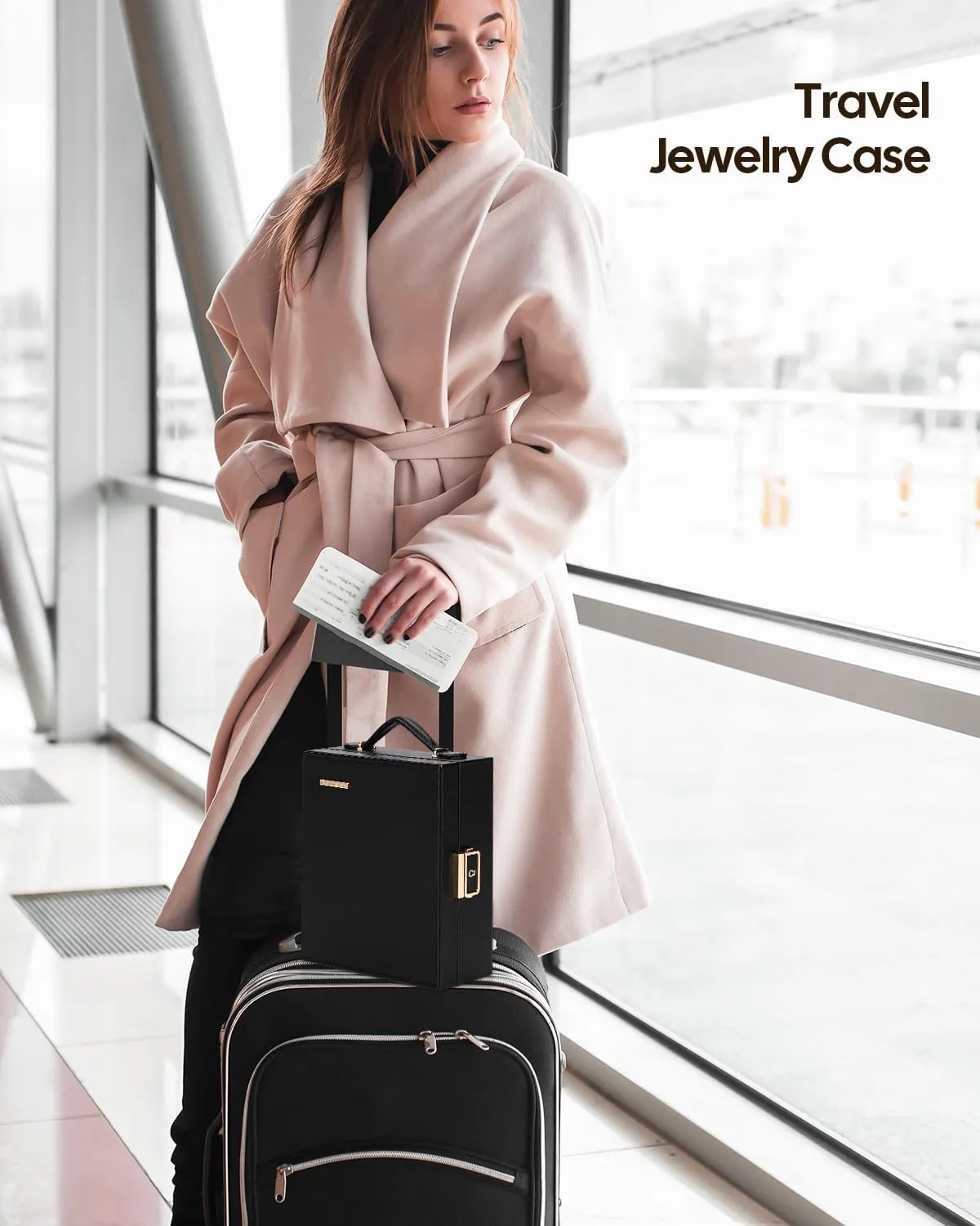 Travel Jewelry Case|Travel essentials for vacation|Portable Jewelry Box with Mirror|PU Leather Small Jewelry Organizer for Rings, Earrings, Necklaces, Bracelets (Black)