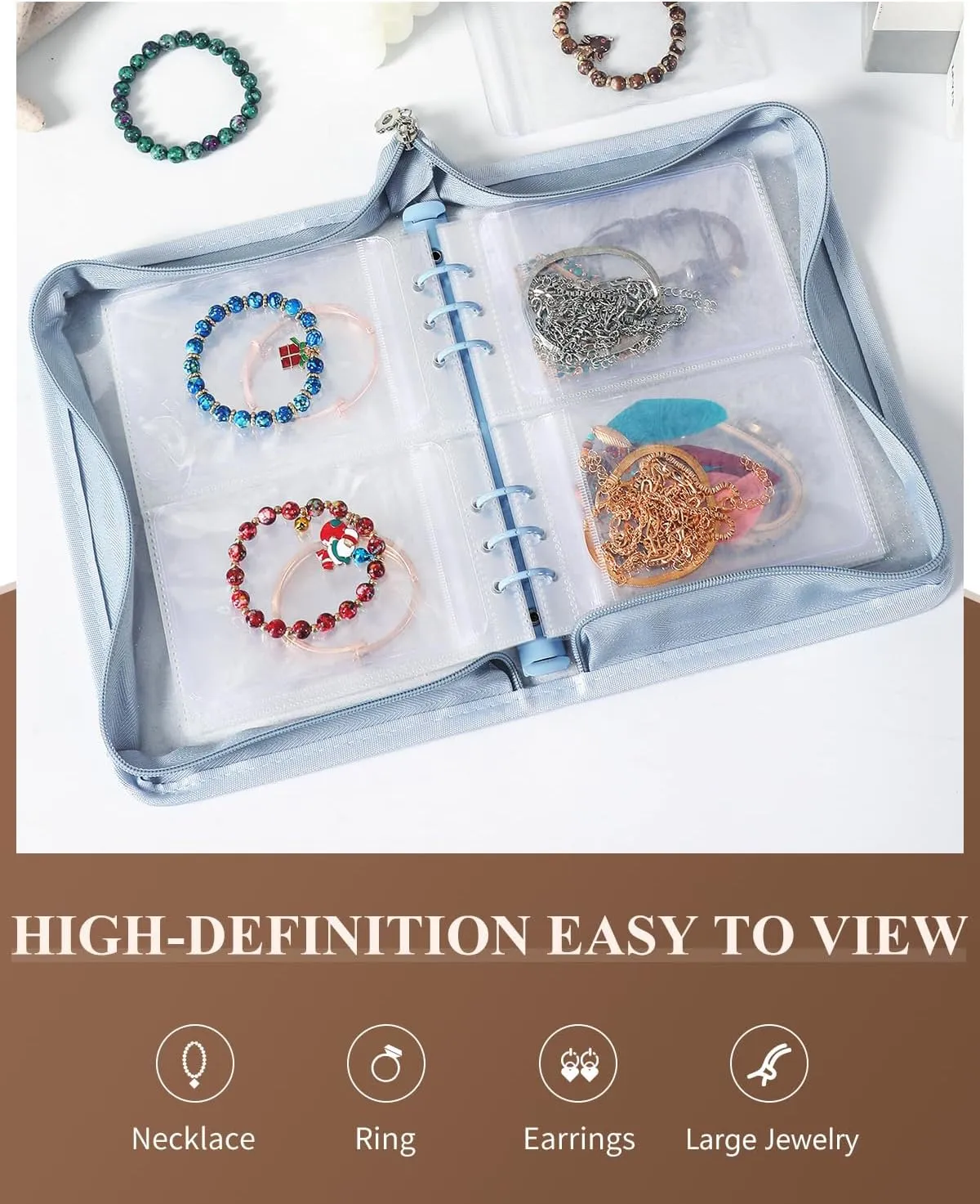 Travel Jewelry Organizer Book Clear Earring Storage Book Transparent Jewelry Storage Book with Zipper Pouch Bags (Light blue, 48-Piece Clear Bracelets Bags)