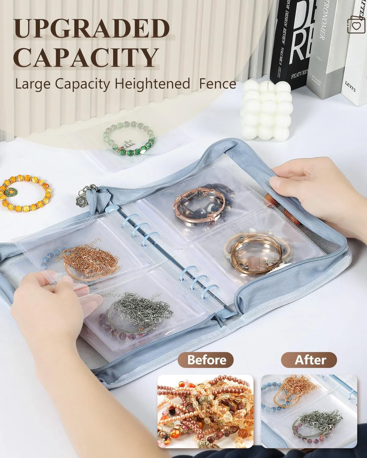 Travel Jewelry Organizer Book Clear Earring Storage Book Transparent Jewelry Storage Book with Zipper Pouch Bags (Light blue, 48-Piece Clear Bracelets Bags)