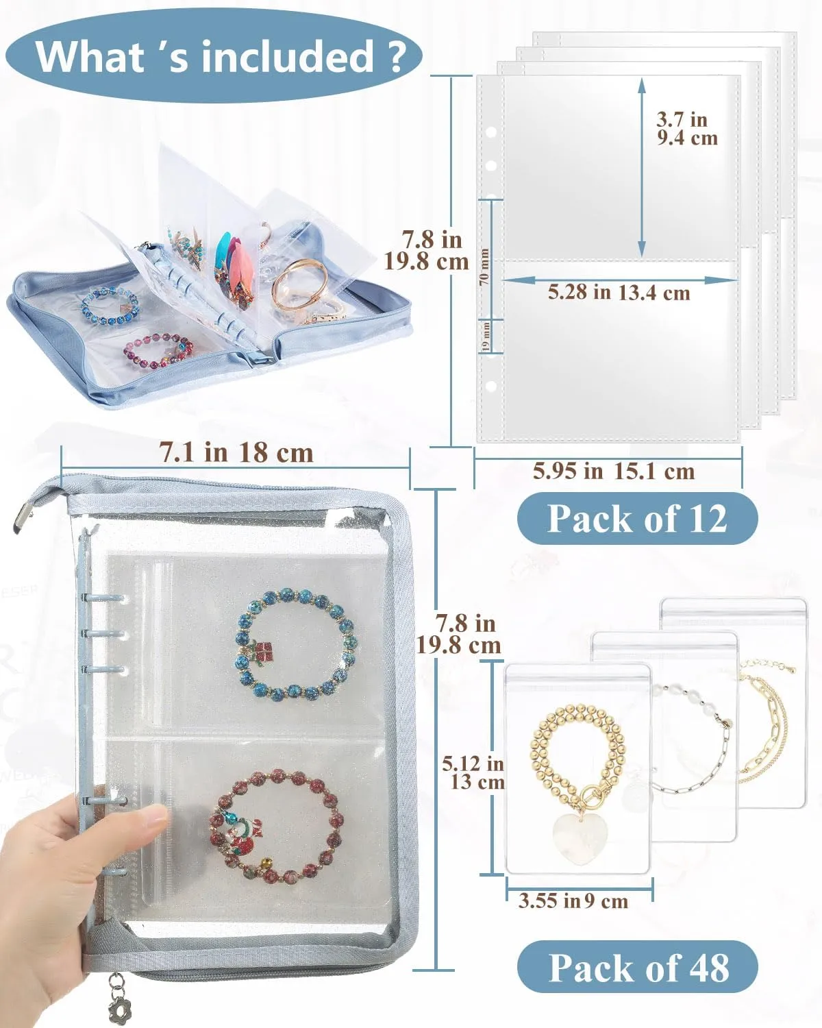 Travel Jewelry Organizer Book Clear Earring Storage Book Transparent Jewelry Storage Book with Zipper Pouch Bags (Light blue, 48-Piece Clear Bracelets Bags)