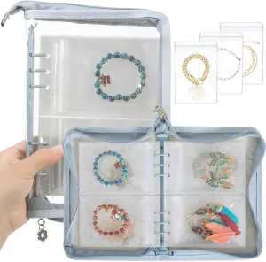 Travel Jewelry Organizer Book Clear Earring Storage Book Transparent Jewelry Storage Book with Zipper Pouch Bags (Light blue, 48-Piece Clear Bracelets Bags)
