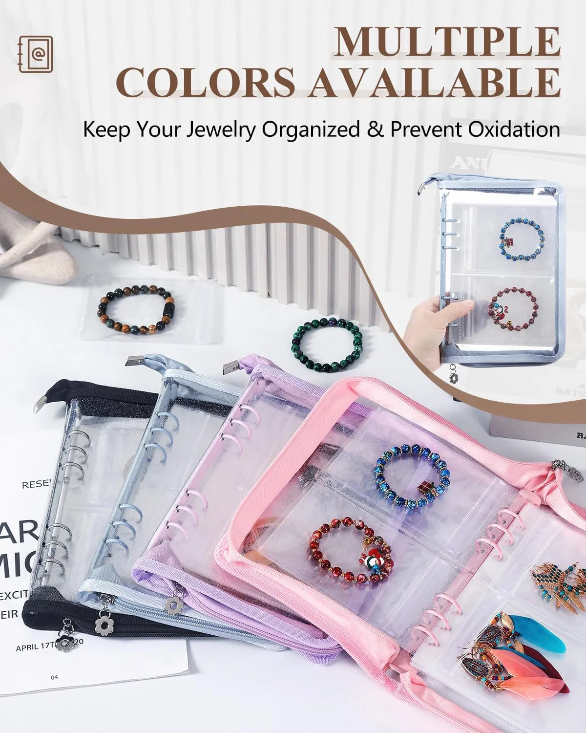 Travel Jewelry Organizer Book Clear Earring Storage Book Transparent Jewelry Storage Book with Zipper Pouch Bags (Light blue, 48-Piece Clear Bracelets Bags)