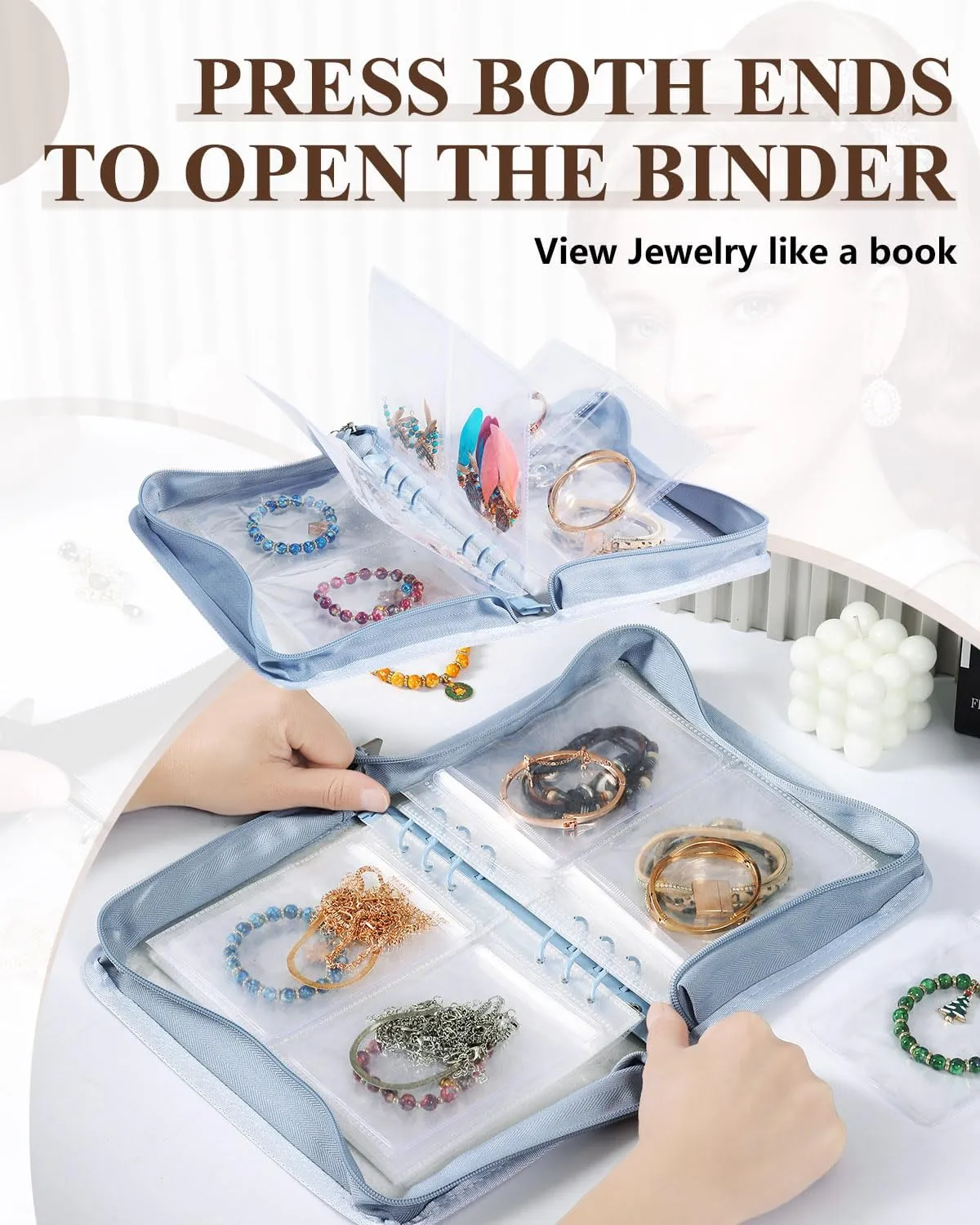Travel Jewelry Organizer Book Clear Earring Storage Book Transparent Jewelry Storage Book with Zipper Pouch Bags (Light blue, 48-Piece Clear Bracelets Bags)