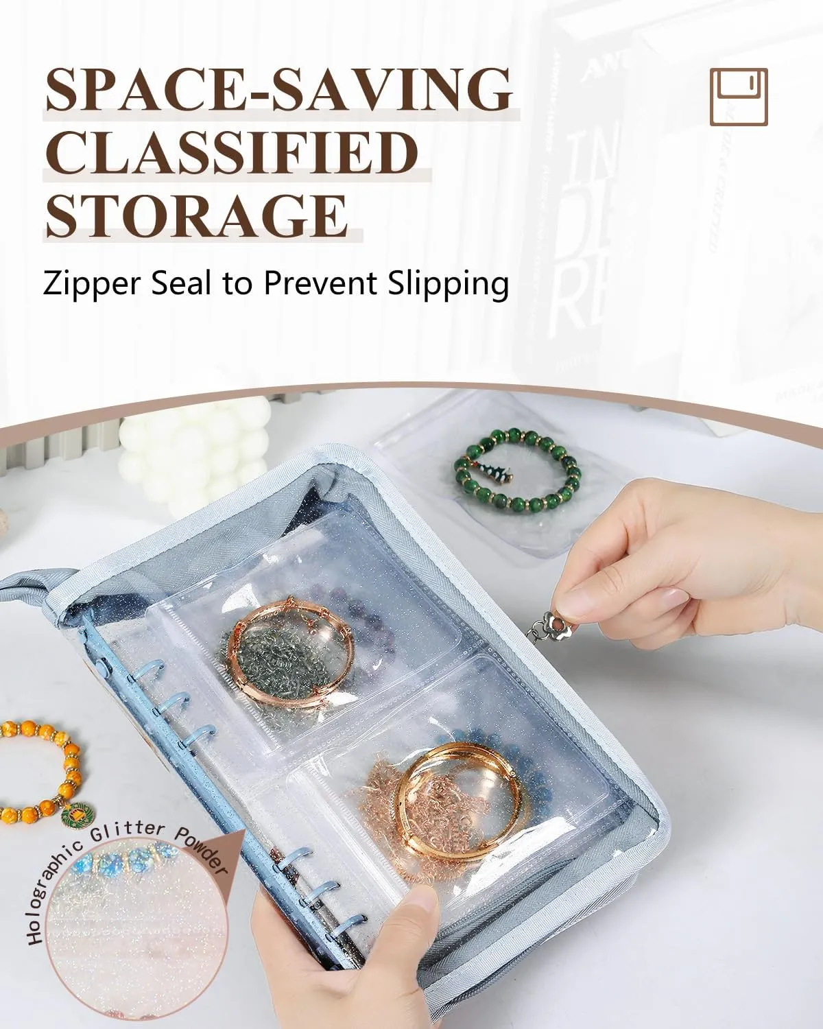 Travel Jewelry Organizer Book Clear Earring Storage Book Transparent Jewelry Storage Book with Zipper Pouch Bags (Light blue, 48-Piece Clear Bracelets Bags)