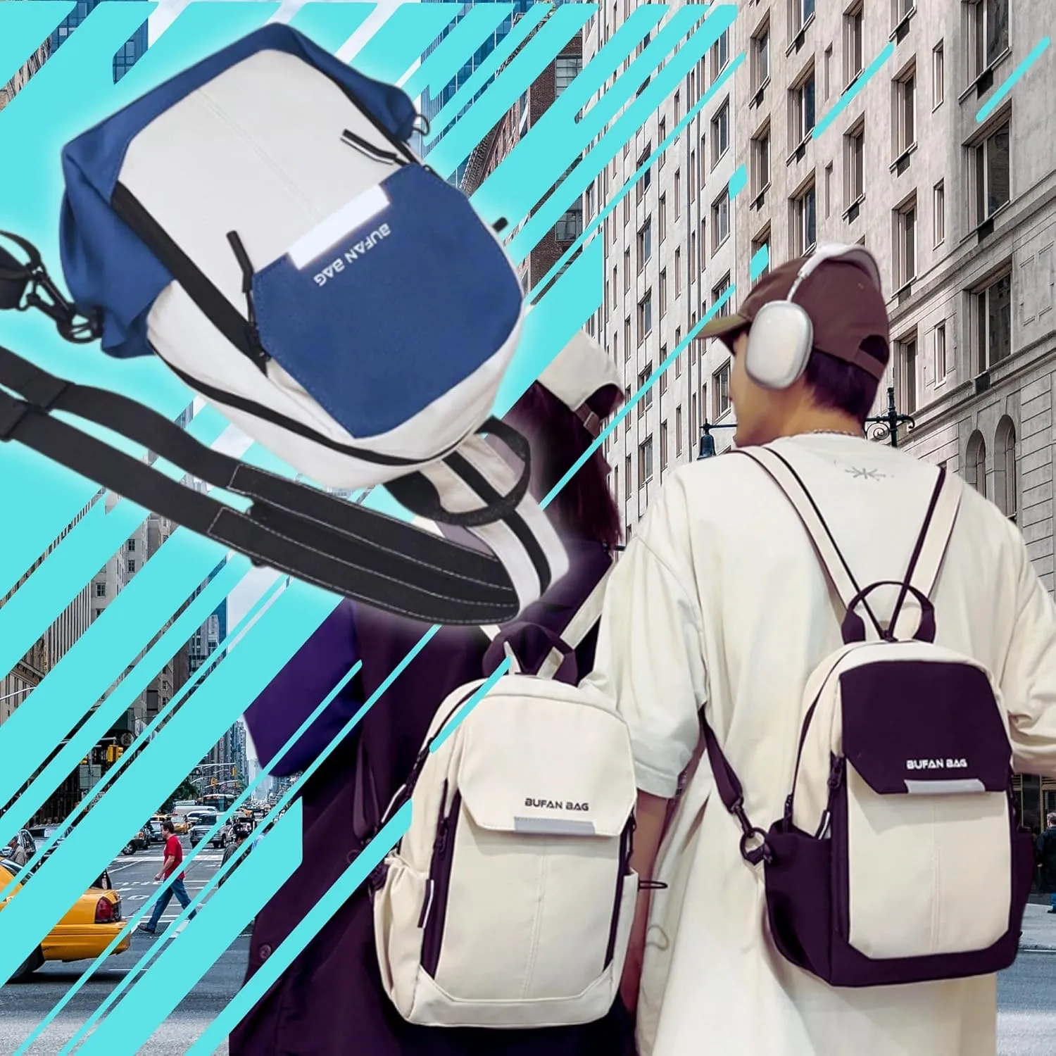 Travel Reflective Convertible Sling Backpack with Key Ring Strap, Large Capacity Water Resistant Anti-Theft Safety Chest Bags, Lightweight Crossbody Daypack for Work Hiking (White)