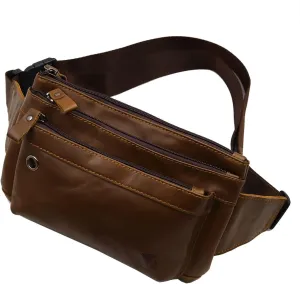 Triple Pocket fanny pack Genuine Leather waist bag slim shoulder bag Hip Purse Adjustable Belt strap Casual Pouch Outdoor Day bag (Hole Brown)