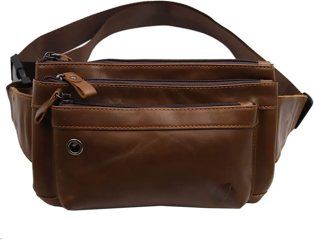 Triple Pocket fanny pack Genuine Leather waist bag slim shoulder bag Hip Purse Adjustable Belt strap Casual Pouch Outdoor Day bag (Hole Brown)
