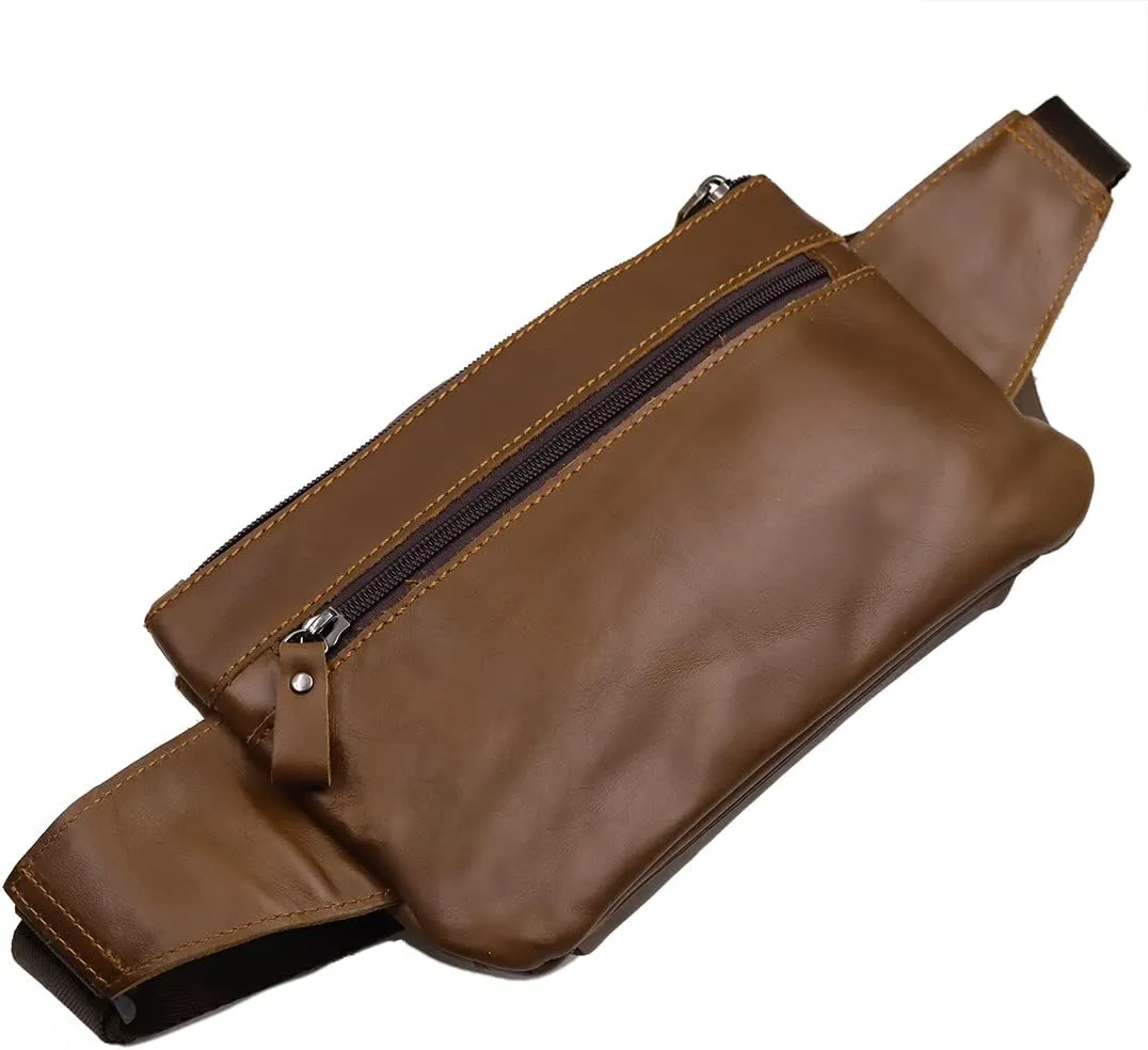 Triple Pocket fanny pack Genuine Leather waist bag slim shoulder bag Hip Purse Adjustable Belt strap Casual Pouch Outdoor Day bag (Hole Brown)