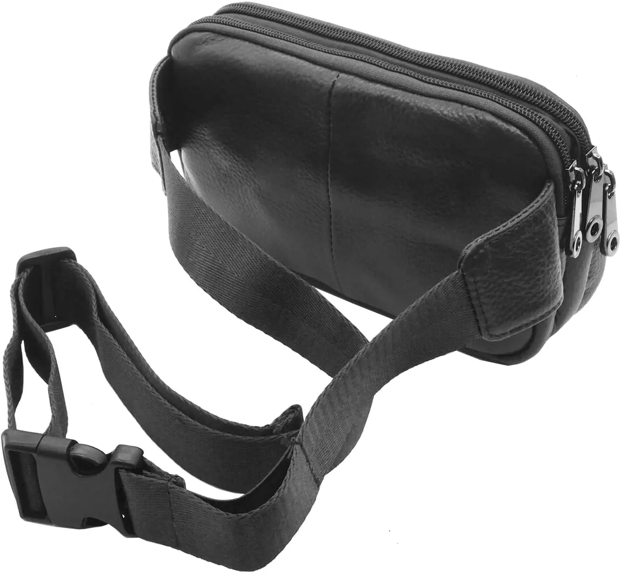 Triple Pocket fanny pack Genuine Leather waist bag slim shoulder bag Hip Purse Adjustable Belt strap Casual Pouch Outdoor Day bag (Square Black)