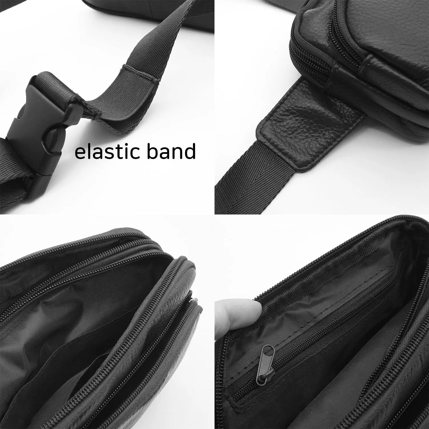 Triple Pocket fanny pack Genuine Leather waist bag slim shoulder bag Hip Purse Adjustable Belt strap Casual Pouch Outdoor Day bag (Square Black)
