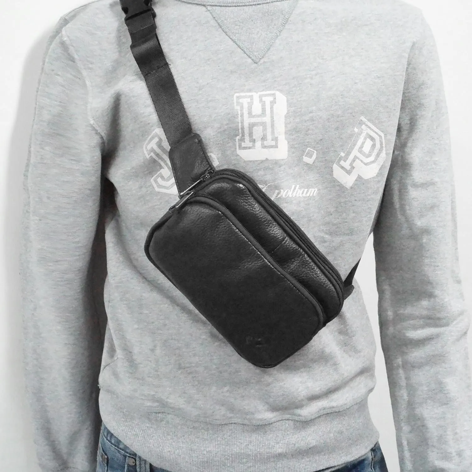 Triple Pocket fanny pack Genuine Leather waist bag slim shoulder bag Hip Purse Adjustable Belt strap Casual Pouch Outdoor Day bag (Square Black)