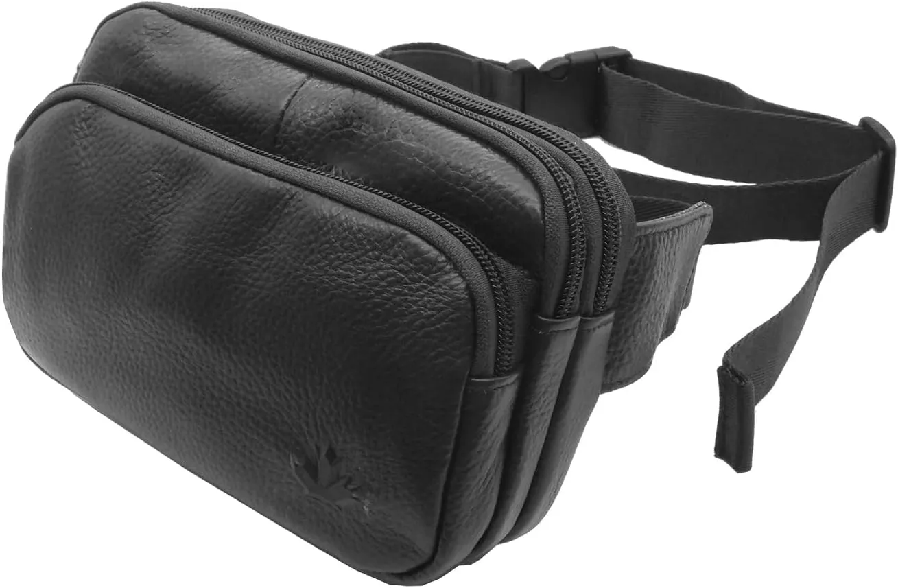 Triple Pocket fanny pack Genuine Leather waist bag slim shoulder bag Hip Purse Adjustable Belt strap Casual Pouch Outdoor Day bag (Square Black)