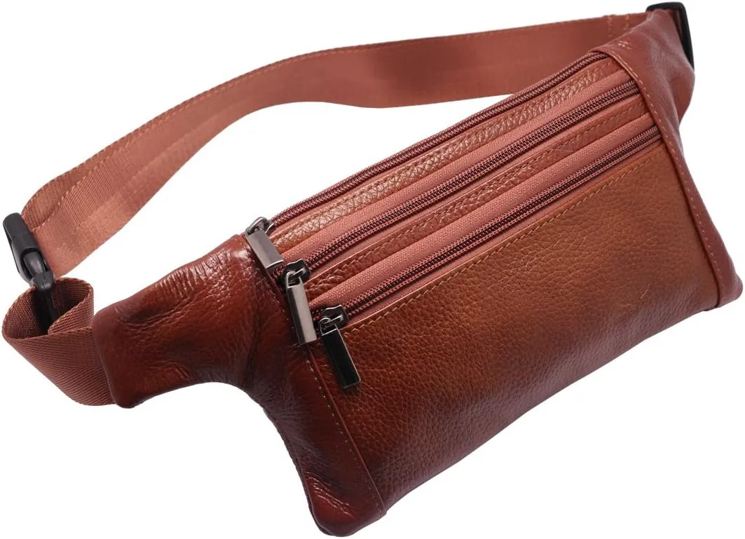 Triple Pocket fanny pack Genuine Leather waist bag slim shoulder bag Hip Purse Adjustable Belt strap Casual Pouch Outdoor Day bag (Tan)