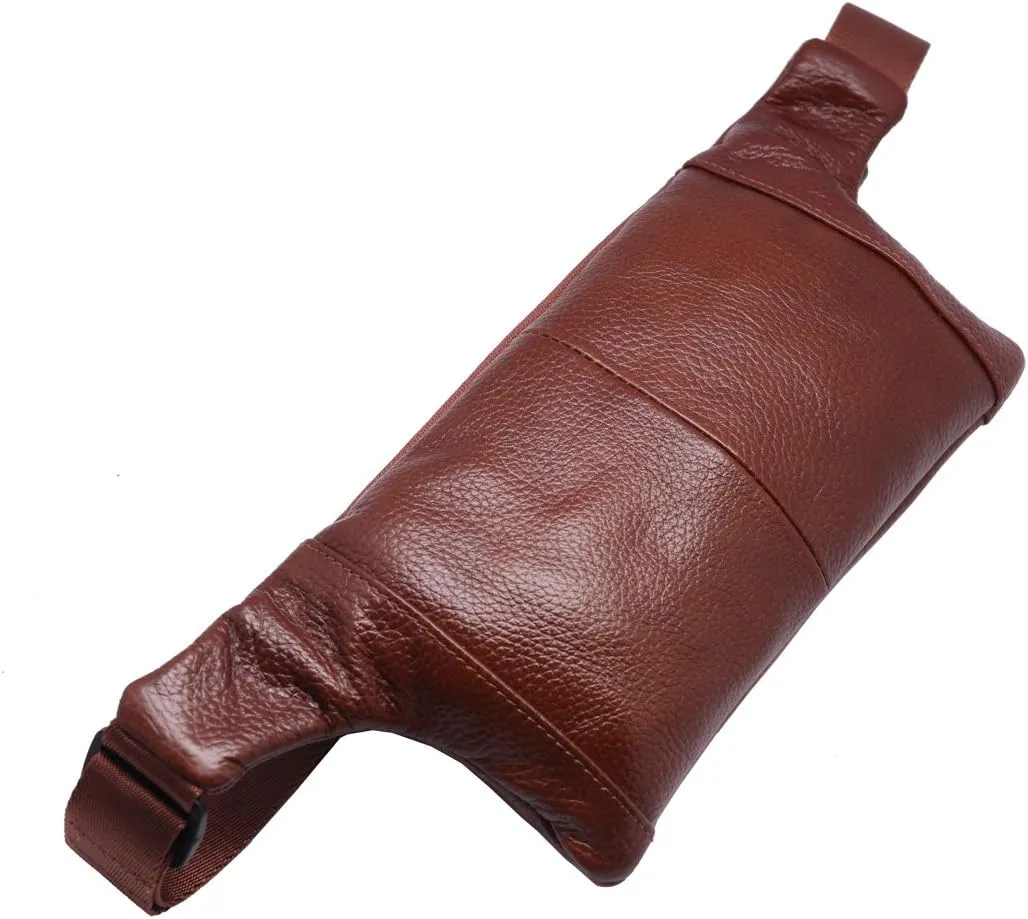 Triple Pocket fanny pack Genuine Leather waist bag slim shoulder bag Hip Purse Adjustable Belt strap Casual Pouch Outdoor Day bag (Tan)