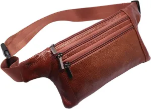 Triple Pocket fanny pack Genuine Leather waist bag slim shoulder bag Hip Purse Adjustable Belt strap Casual Pouch Outdoor Day bag (Tan)