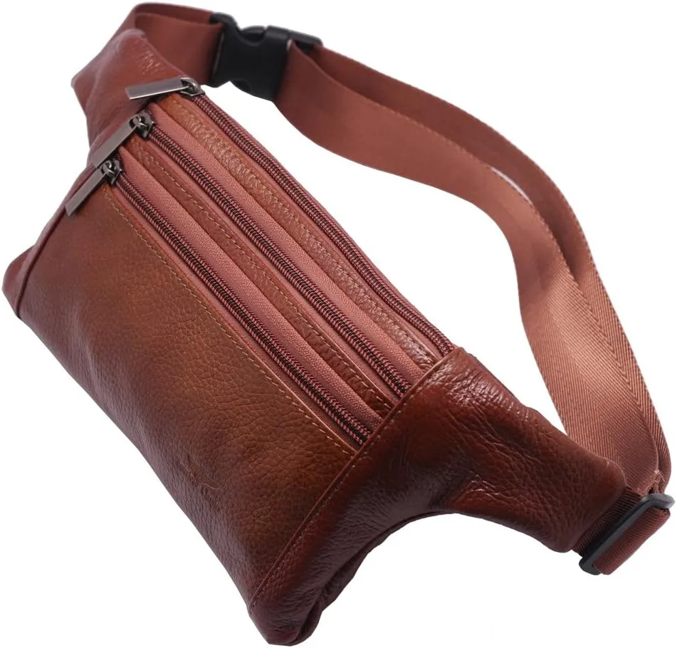 Triple Pocket fanny pack Genuine Leather waist bag slim shoulder bag Hip Purse Adjustable Belt strap Casual Pouch Outdoor Day bag (Tan)