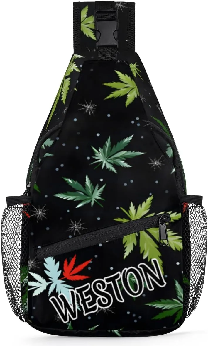 Tropical Marijuana Leaf Custom Sling Bag with name, Personalized Crossbody Sling Backpack for Women Men Outdoor Sports Chest Bag
