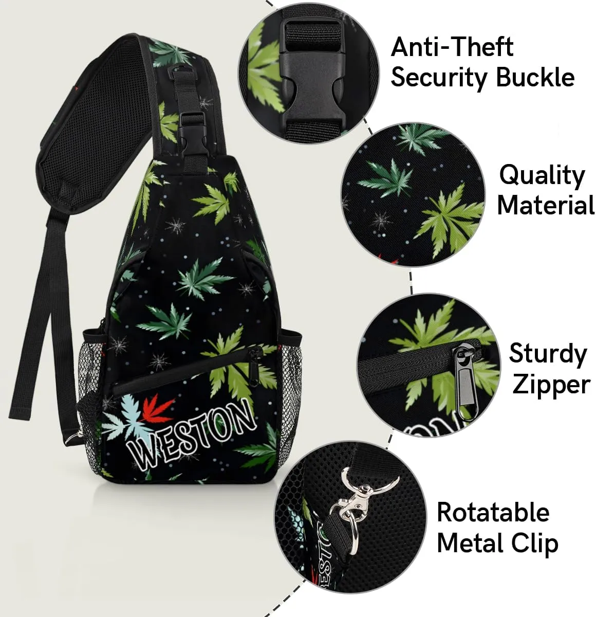 Tropical Marijuana Leaf Custom Sling Bag with name, Personalized Crossbody Sling Backpack for Women Men Outdoor Sports Chest Bag