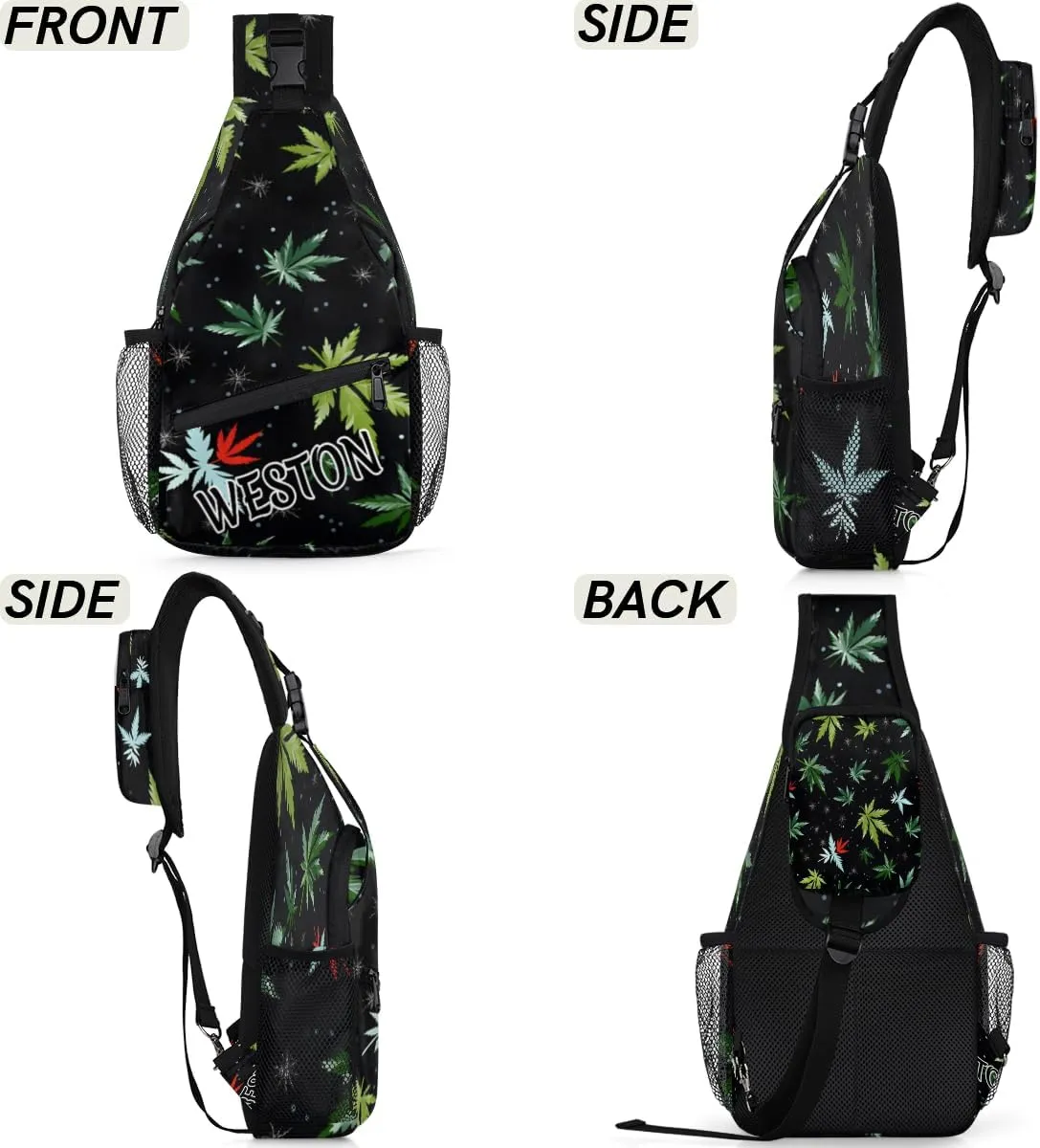 Tropical Marijuana Leaf Custom Sling Bag with name, Personalized Crossbody Sling Backpack for Women Men Outdoor Sports Chest Bag