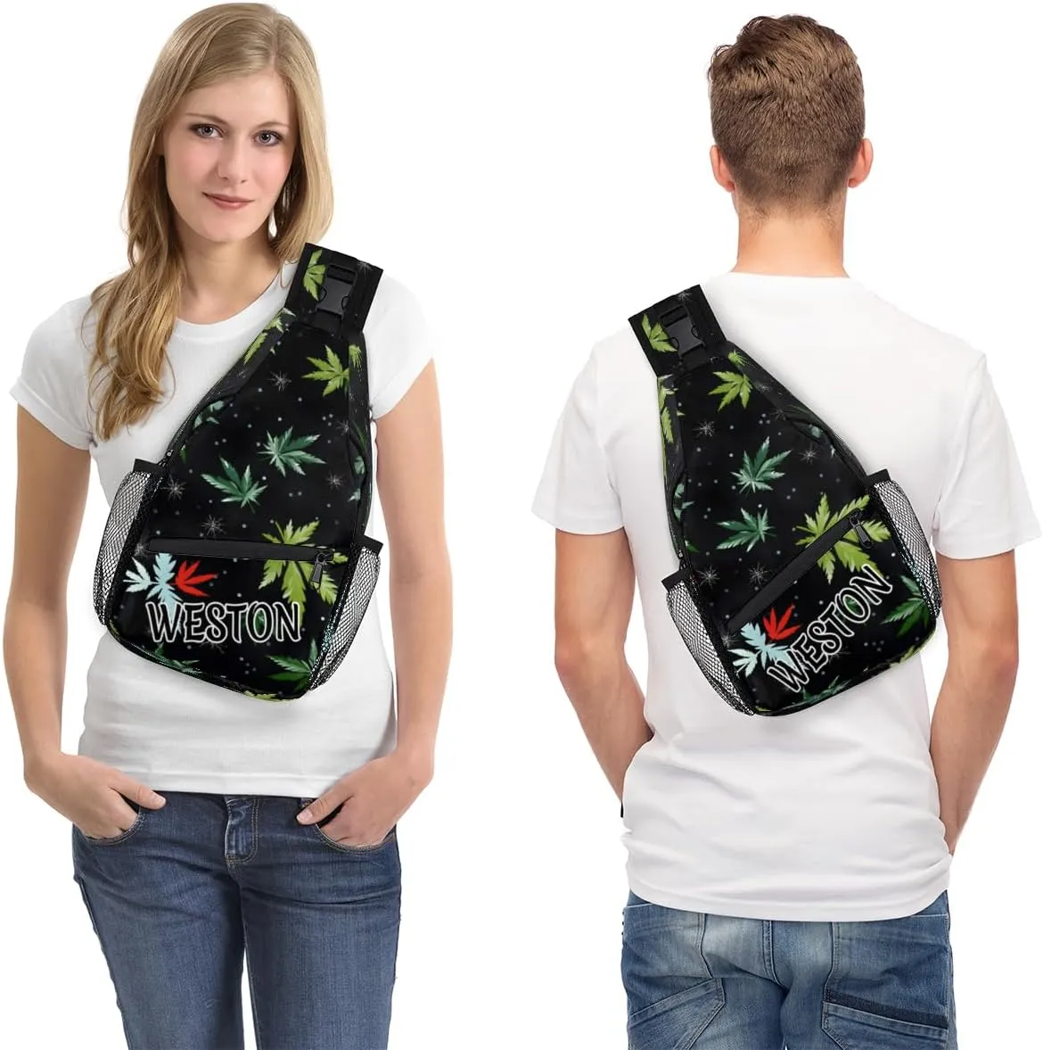 Tropical Marijuana Leaf Custom Sling Bag with name, Personalized Crossbody Sling Backpack for Women Men Outdoor Sports Chest Bag