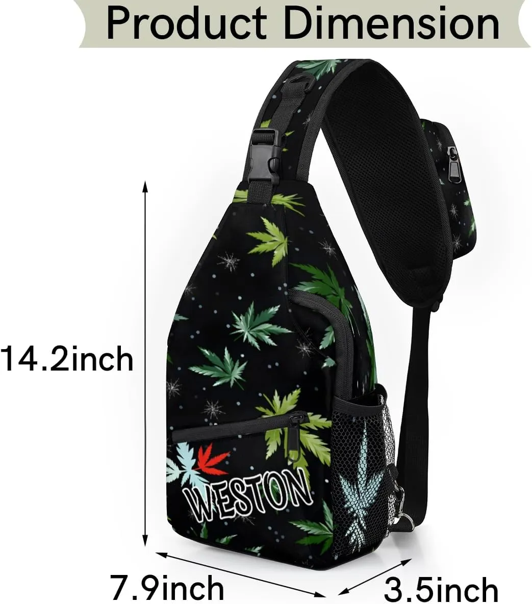 Tropical Marijuana Leaf Custom Sling Bag with name, Personalized Crossbody Sling Backpack for Women Men Outdoor Sports Chest Bag