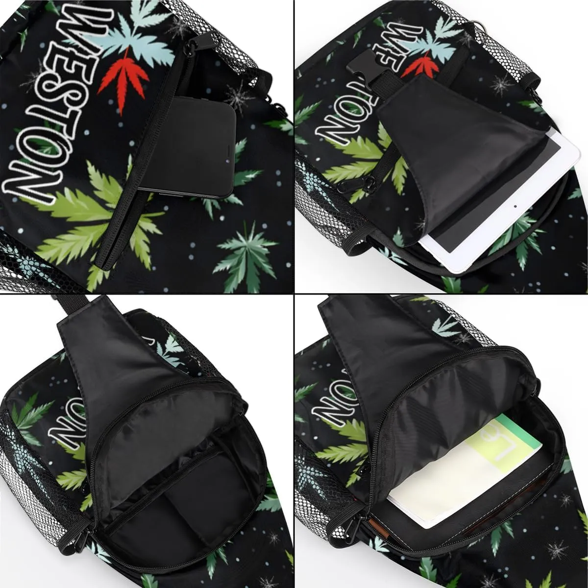 Tropical Marijuana Leaf Custom Sling Bag with name, Personalized Crossbody Sling Backpack for Women Men Outdoor Sports Chest Bag