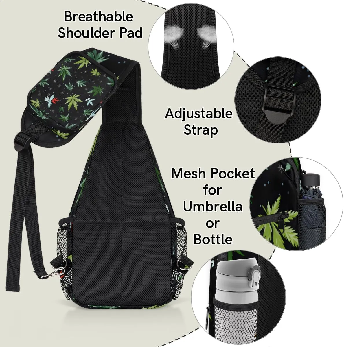 Tropical Marijuana Leaf Custom Sling Bag with name, Personalized Crossbody Sling Backpack for Women Men Outdoor Sports Chest Bag