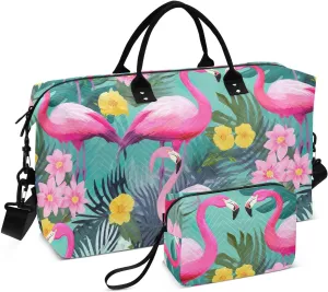 Tropics Pink Flamingo Sports Gym Bag for Women Men Travel Duffel Bag Weekend Overnight Carry on Bag with Toiletry Bag Air Travel Bag for Swimming Yoga Workout Hospital Plane