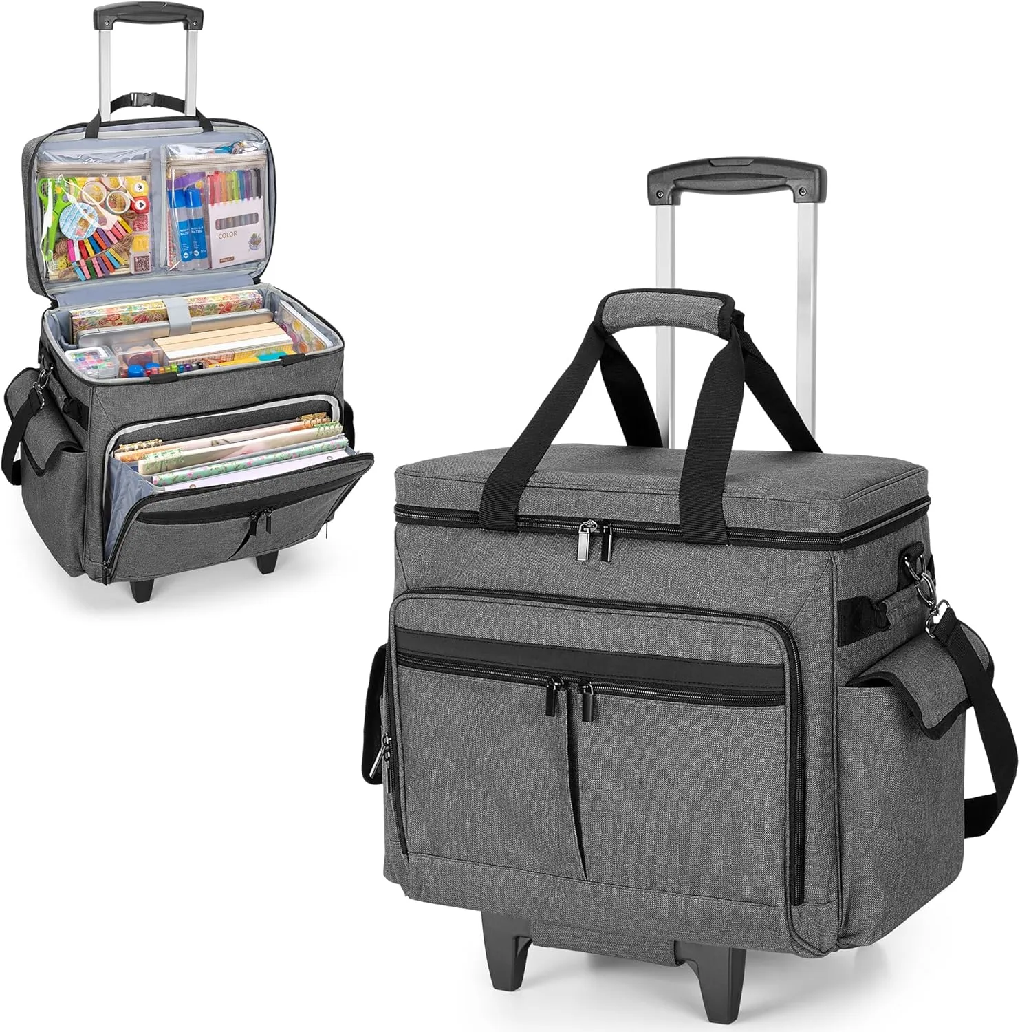 Trunab Rolling Scrapbook Tote with Expandable File Pocket, Large Craft Organizer and Storage Bag with Detachable Trolley for Scrapbooking Supplies and Art Tools (Patented Design)
